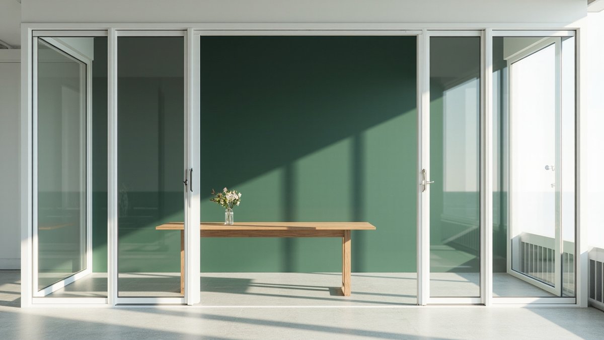 Illustrative concept design: white-framed glass meeting room with a forest green back wall and an oak table