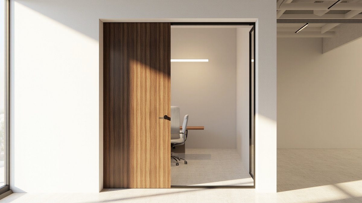 Illustrative concept design: small manager's room behind a tall walnut sliding door and a black-framed glass panel