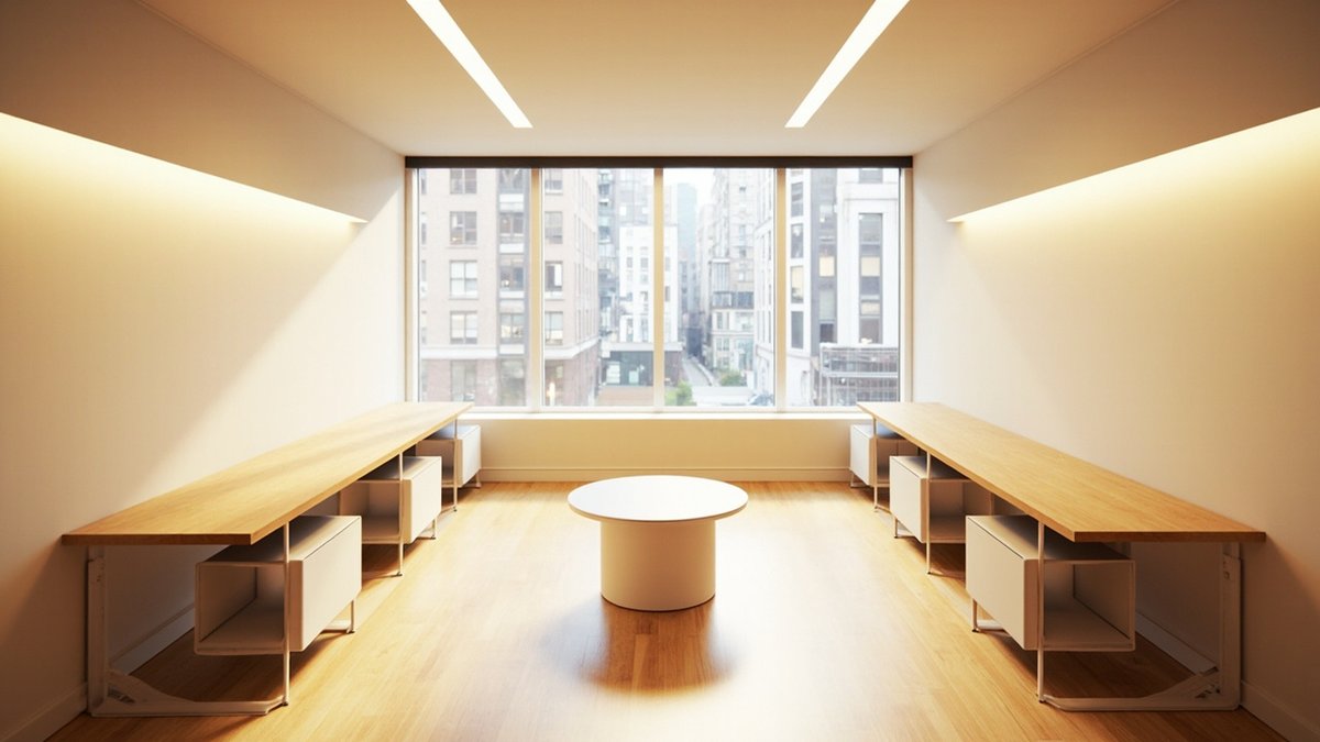 Illustrative concept design: small office with oak-topped desk runs along both walls and a round white table in the middle