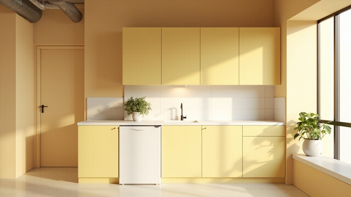Illustrative concept design: butter-yellow office pantry with a white top, small sink and under-counter fridge