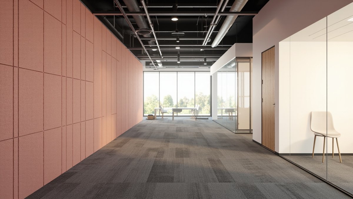 Illustrative concept design: office with a long dusty rose pinboard wall, grey carpet tiles and a glass room