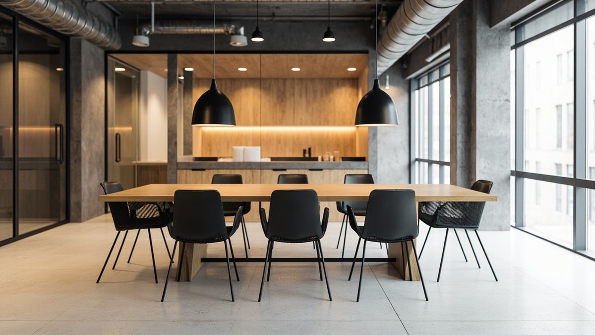 Illustrative concept design: long oak table with black chairs under two dome pendants in front of a pantry counter