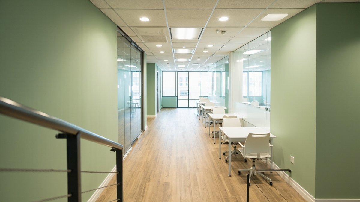 Illustrative concept design: long narrow upper-floor office with sage walls and white desks seen from the stairs