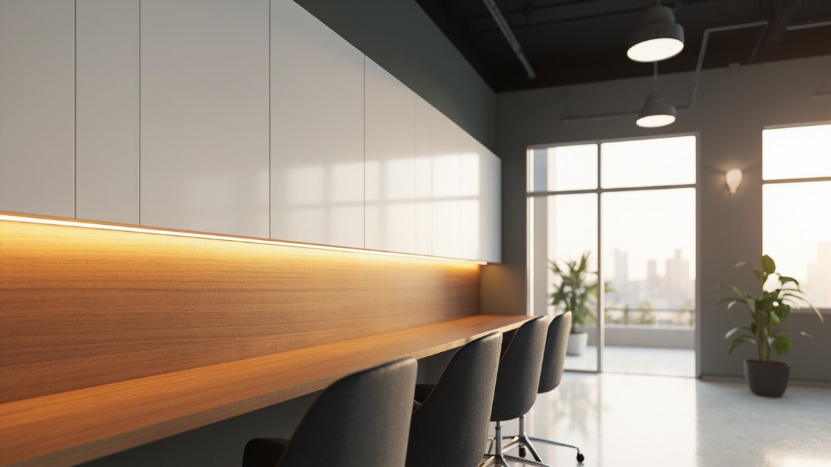 Illustrative concept design: long walnut wall desk under white gloss overhead cabinets with a warm strip light