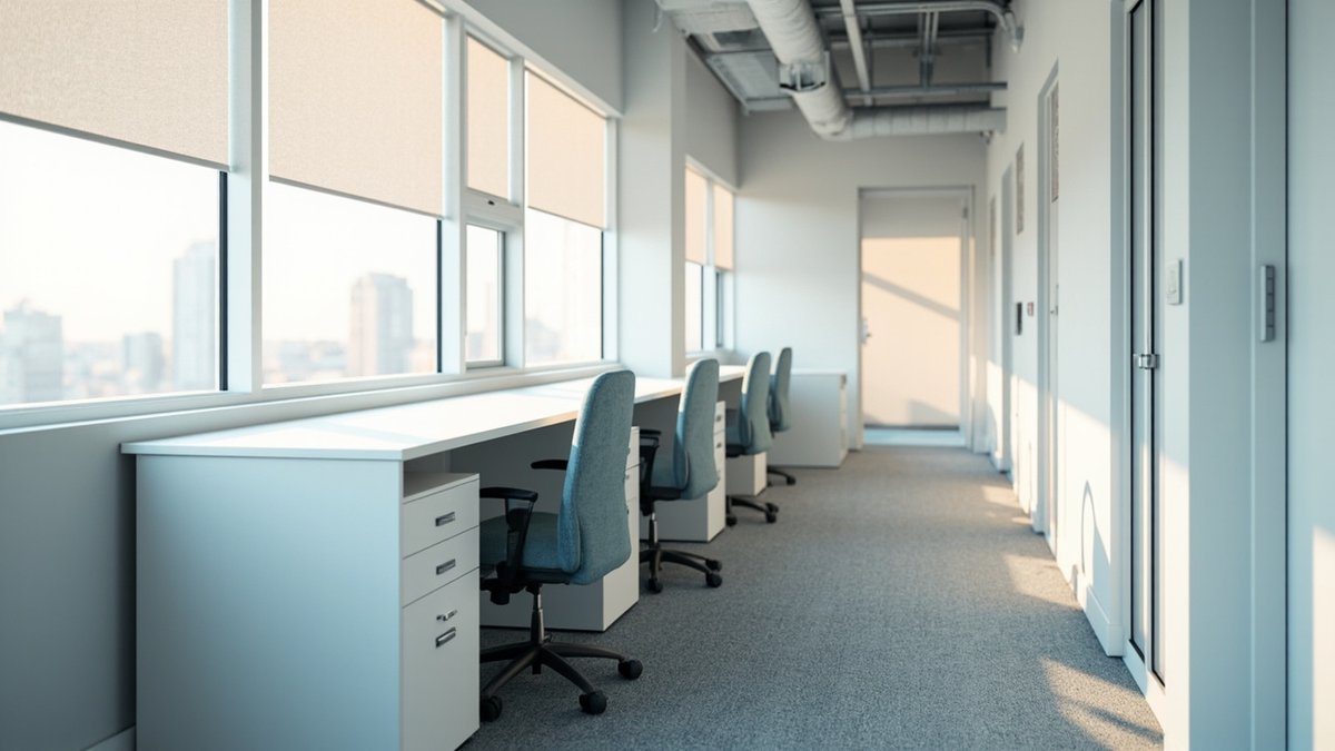 Illustrative concept design: row of white desks with dusty blue chairs along a long window with half-lowered blinds