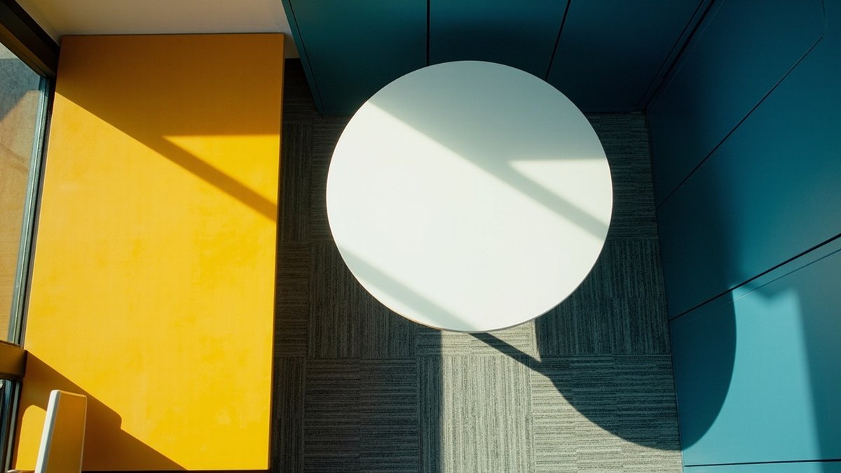 Bird's-eye view of a compact office corner with a blue storage wall and a yellow desk