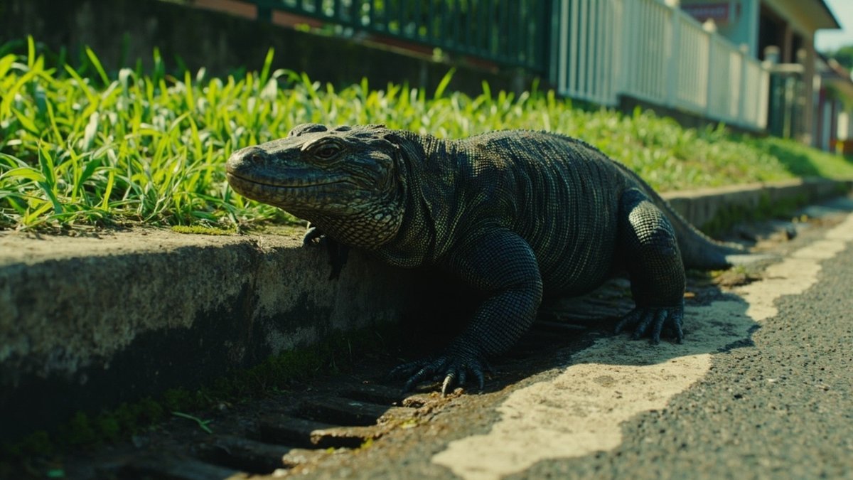 Biawak berjalan di tepi longkang monsun bersebelahan pagar rumah teres