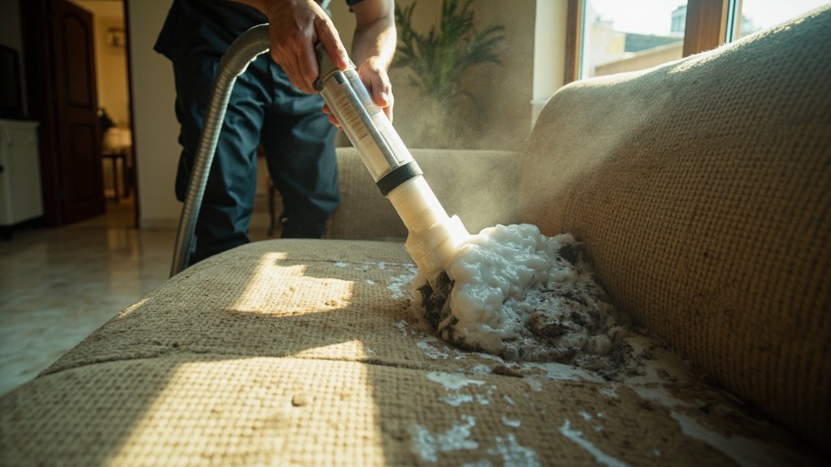 Technician deep-cleaning a fabric sofa with an upholstery extraction tool