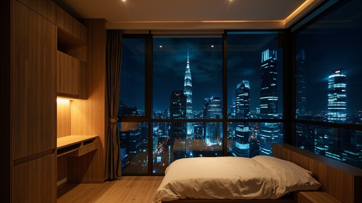 Compact SOHO studio with a wall bed, built-in desk and half-height divider cabinet at night