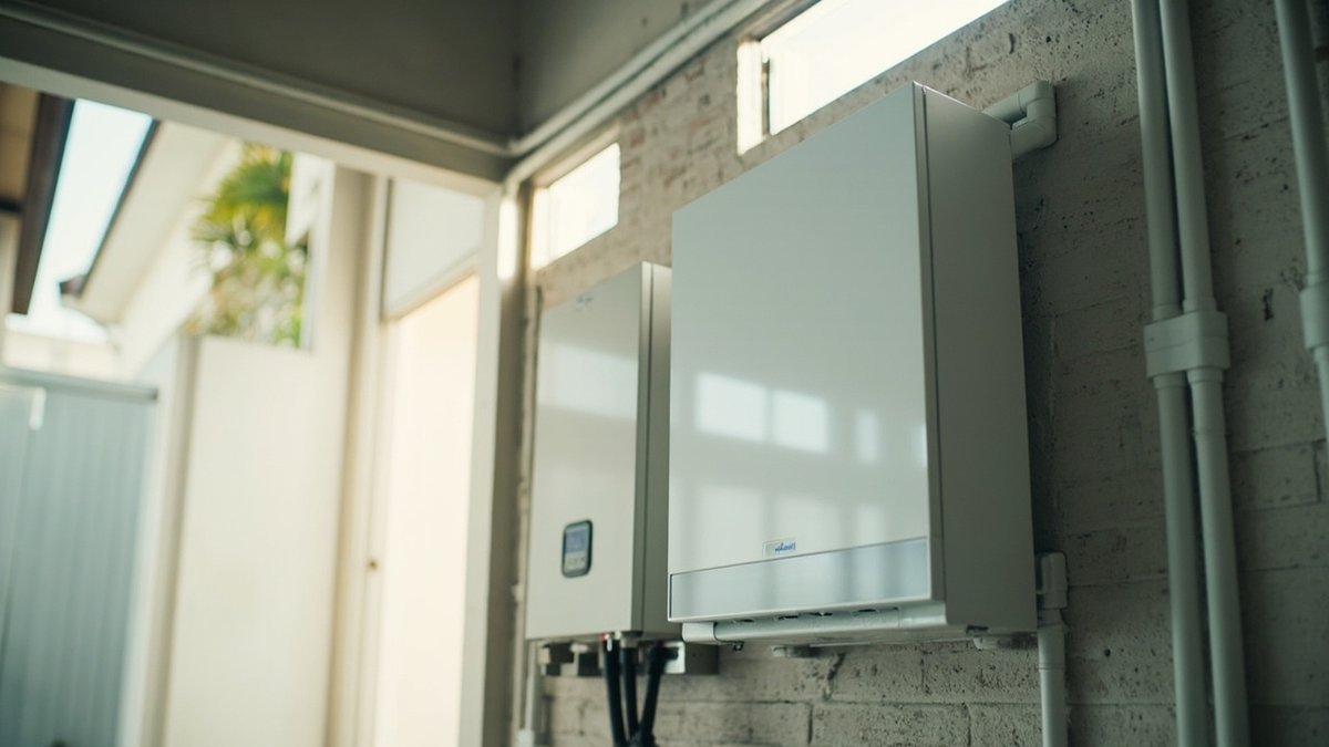 Wall-mounted home battery beside a hybrid solar inverter in a utility area