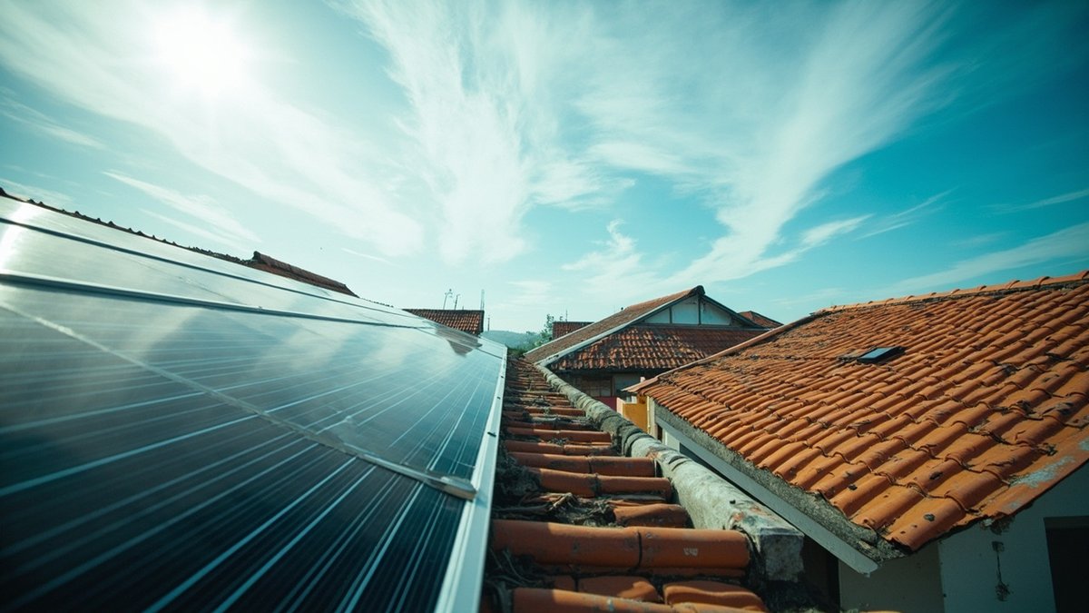 Bumbung rumah teres dengan susunan panel solar hitam di sebelah bumbung jiran tanpa panel
