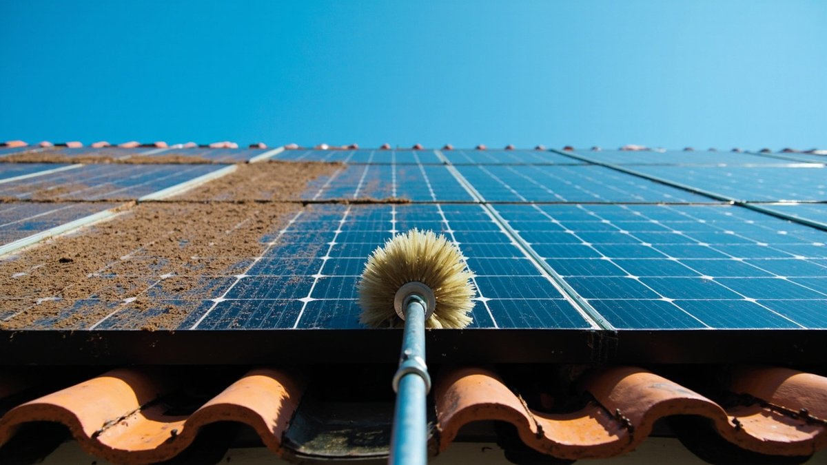 Panel solar bumbung, separuh berhabuk dan separuh baru dicuci