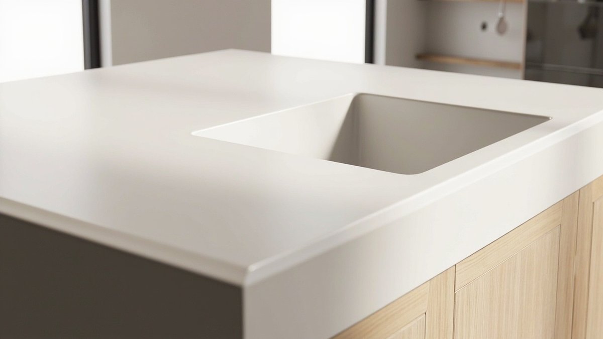Seamless white solid surface kitchen countertop with an integrated moulded sink