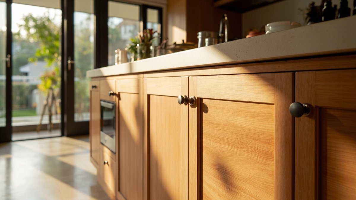 Solid wood kitchen cabinets with shaker doors in a Malaysian bungalow
