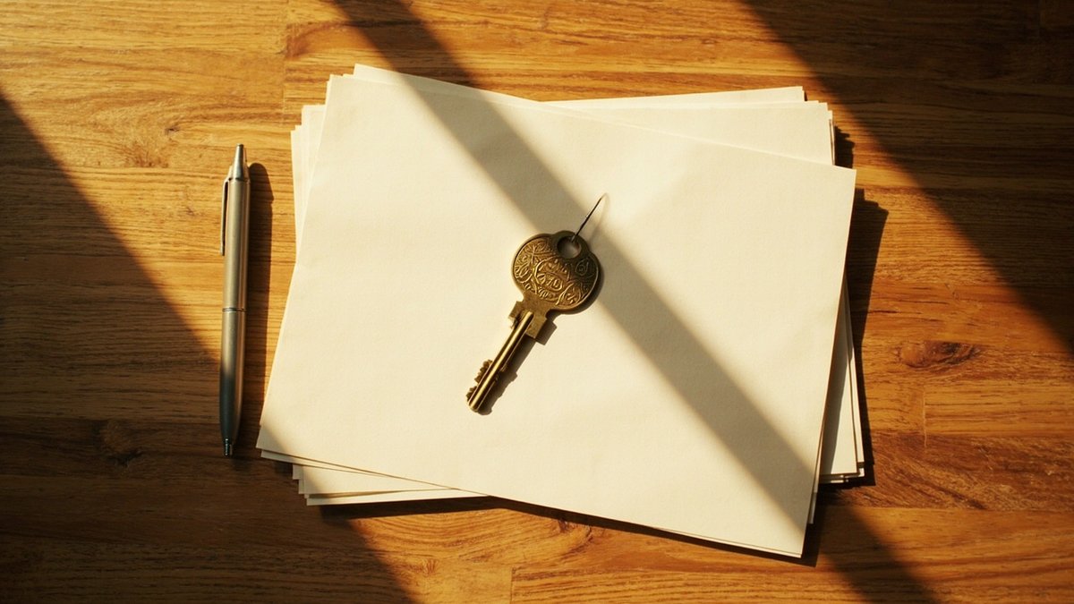 A single key resting on blank papers on a table represents the SPA and MOT property transfer process.