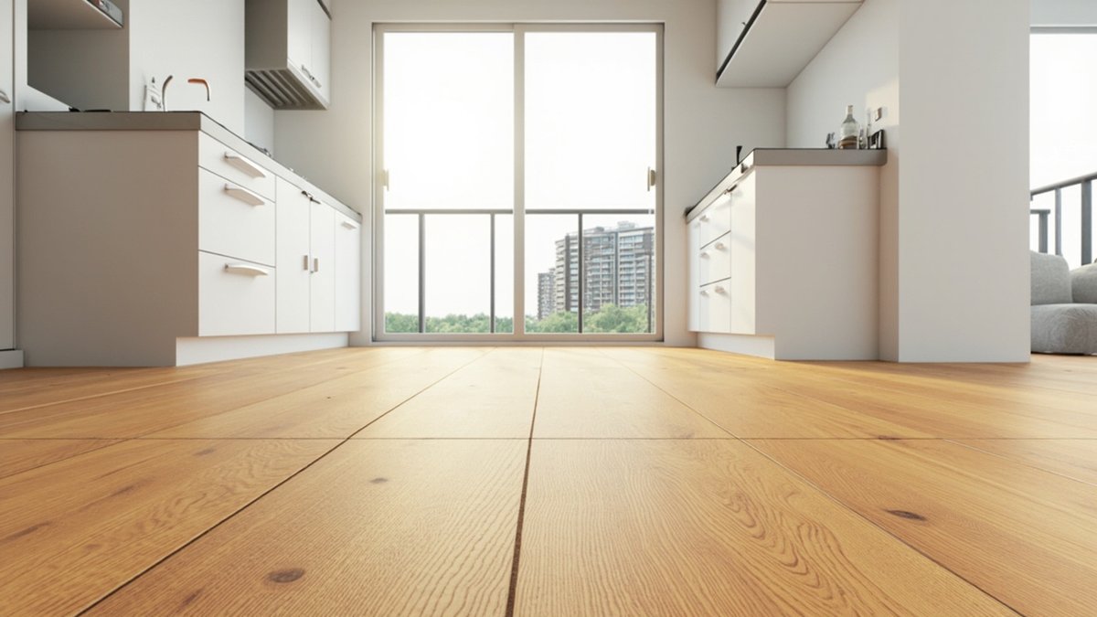Ilustrasi konsep reka bentuk: lantai papan SPC rupa oak madu di antara dua deret kabinet putih di dapur kering