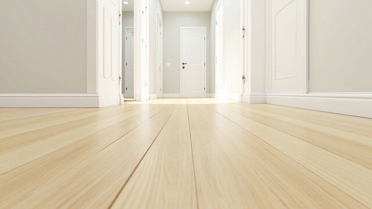 Ilustrasi konsep reka bentuk: papan SPC rupa oak pucat dipasang memanjang di koridor dengan skirting putih
