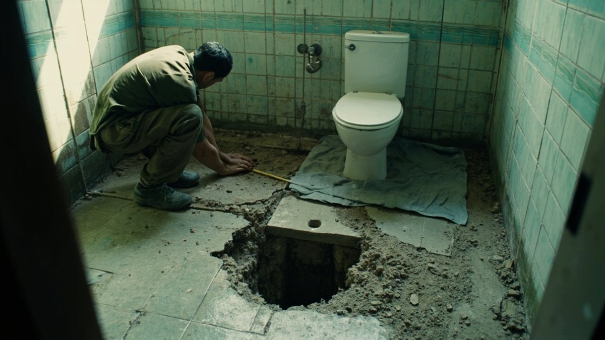 Bathroom with the squat toilet hacked out and a new sitting toilet ready to fit