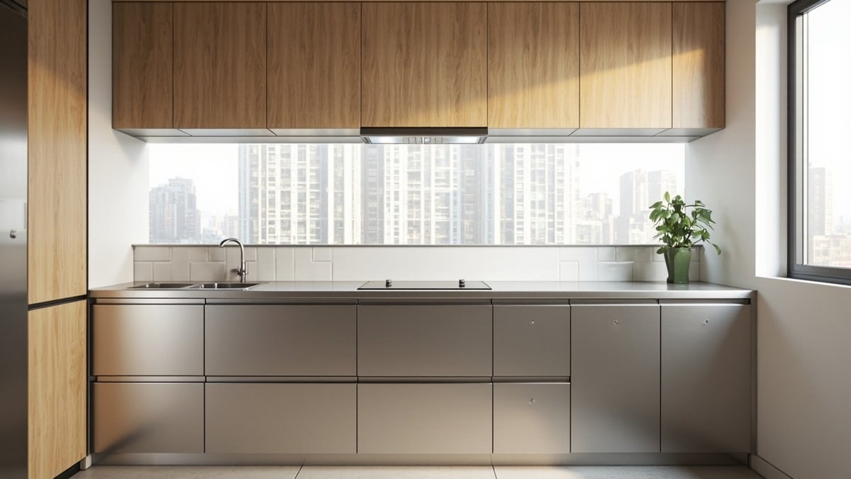 Illustrative concept design: condo kitchen with brushed stainless base cabinets and worktop under light oak wall cabinets
