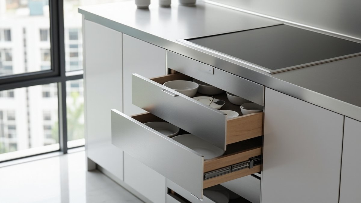 Illustrative concept design: open stainless kitchen drawers holding white bowls under an induction hob on a stainless worktop