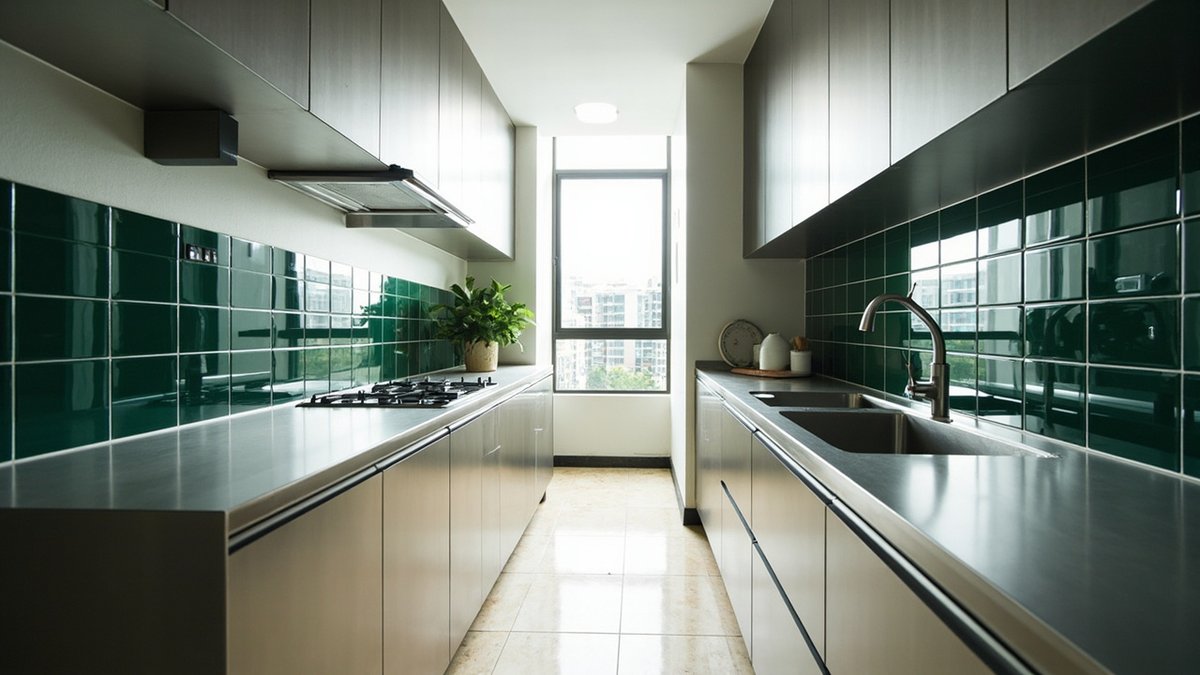 Illustrative concept design: galley kitchen with stainless cabinets and worktops and glossy deep green wall tiles on both sides