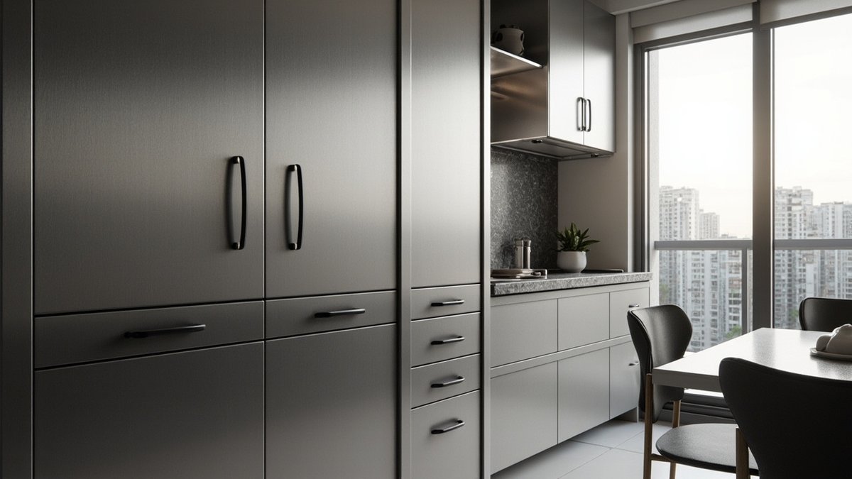 Illustrative concept design: tall brushed stainless kitchen cabinets with long black handles beside a small dining table