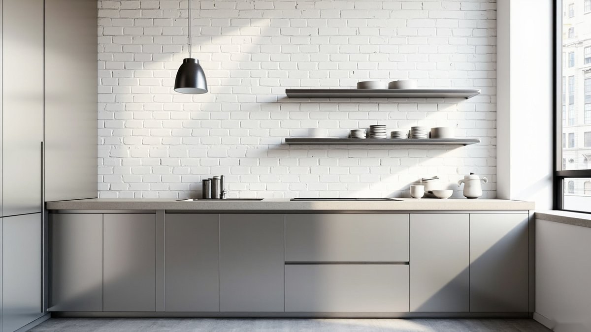 Illustrative concept design: industrial kitchen with brushed stainless base cabinets and stainless open shelves on a white brick wall