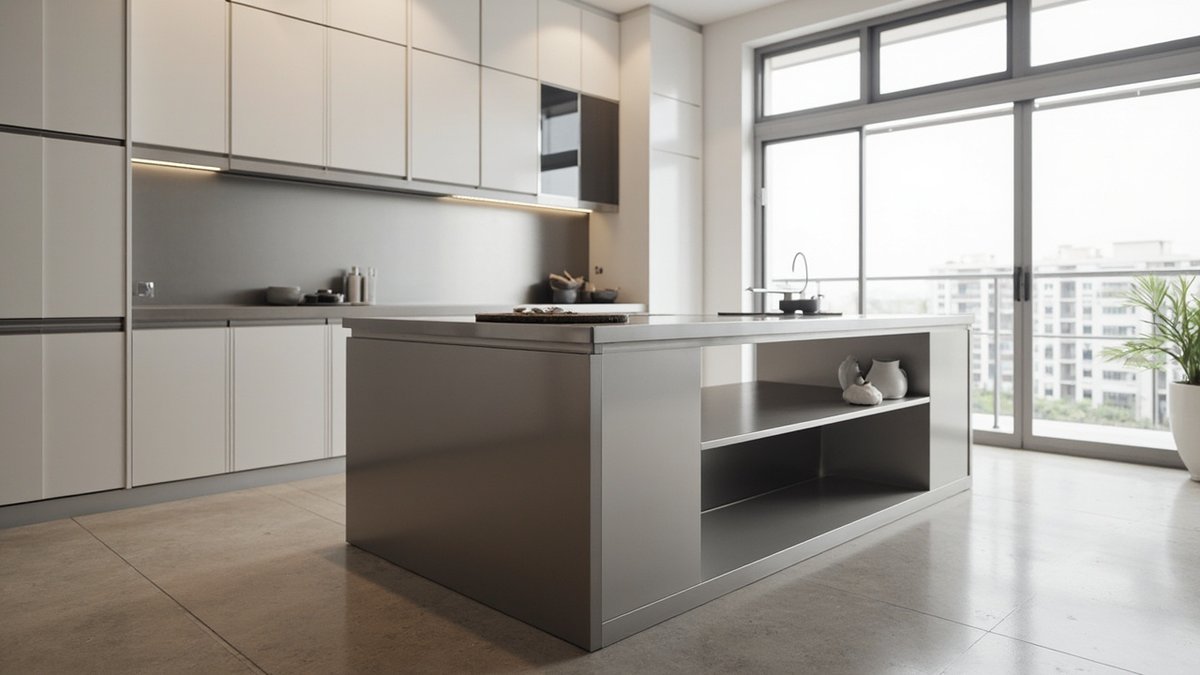 Illustrative concept design: stainless steel kitchen island with an open shelf in front of white wall cabinets