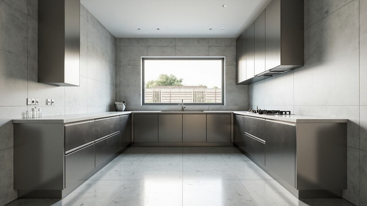 Illustrative concept design: U-shaped kitchen of dark brushed stainless steel base and wall cabinets with a grey stone worktop and a window