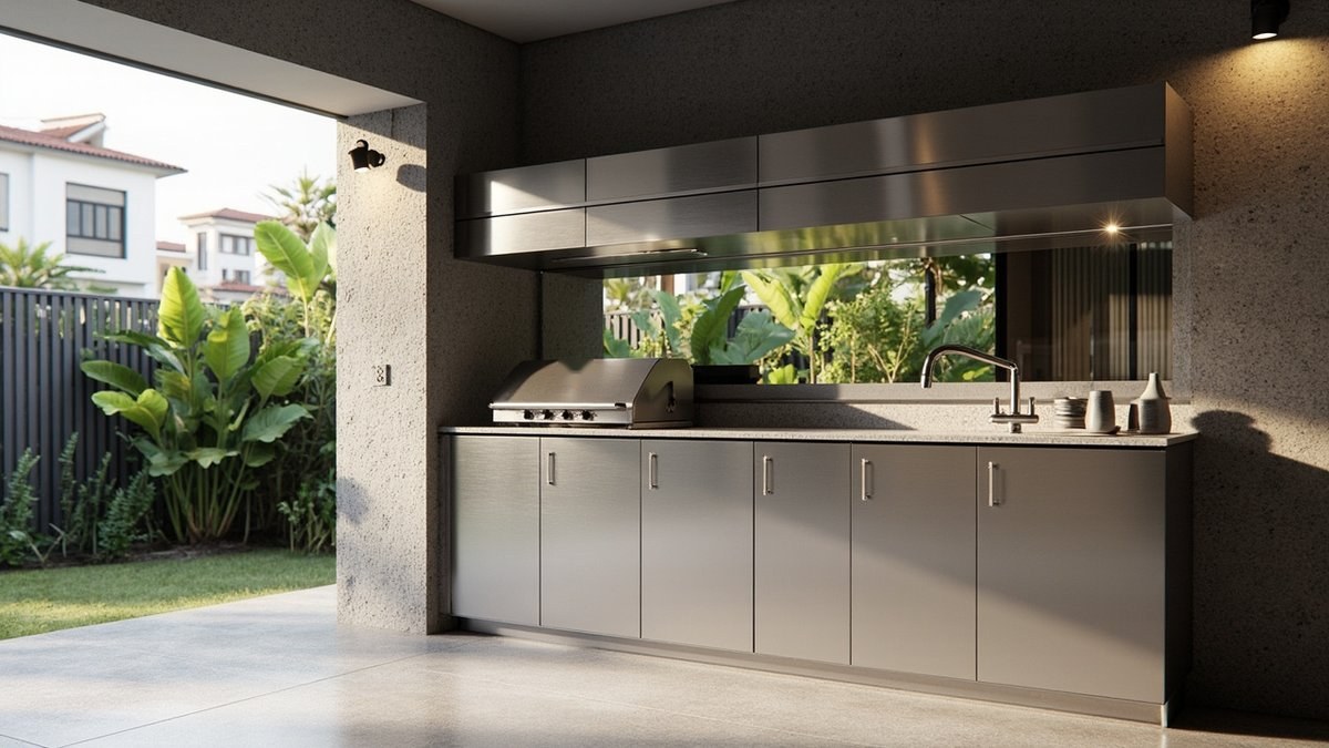 Illustrative concept design: covered patio outdoor kitchen with stainless cabinets, a built-in barbecue grill and a garden view