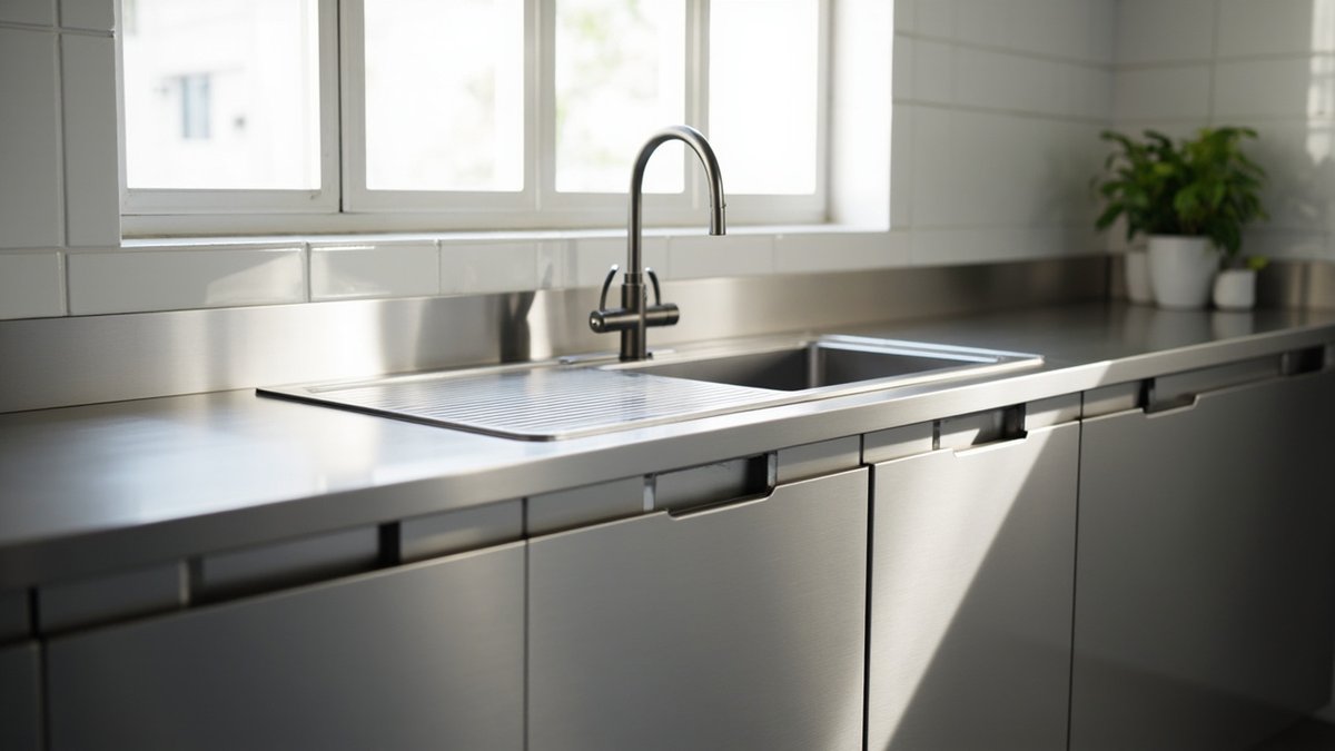 Illustrative concept design: brushed stainless worktop with a welded sink bowl, grooved drainer and recessed-pull stainless doors