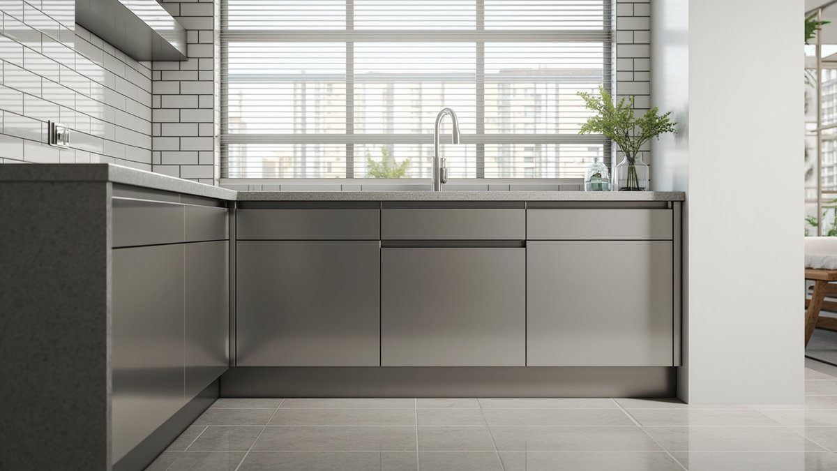 Illustrative concept design: low view of handleless brushed stainless kitchen doors under a grey stone worktop with white tiles