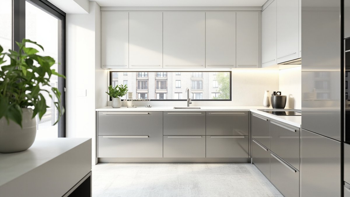 Illustrative concept design: L-shaped kitchen with stainless drawer fronts, white worktop and white handleless wall cabinets