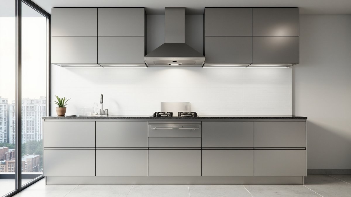 Illustrative concept design: straight stainless kitchen run with a chimney hood above a two-burner gas hob