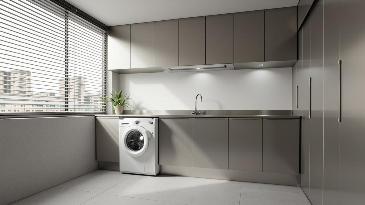 Illustrative concept design: condo yard with stainless base cabinets, worktop and sink beside a front-loading washing machine