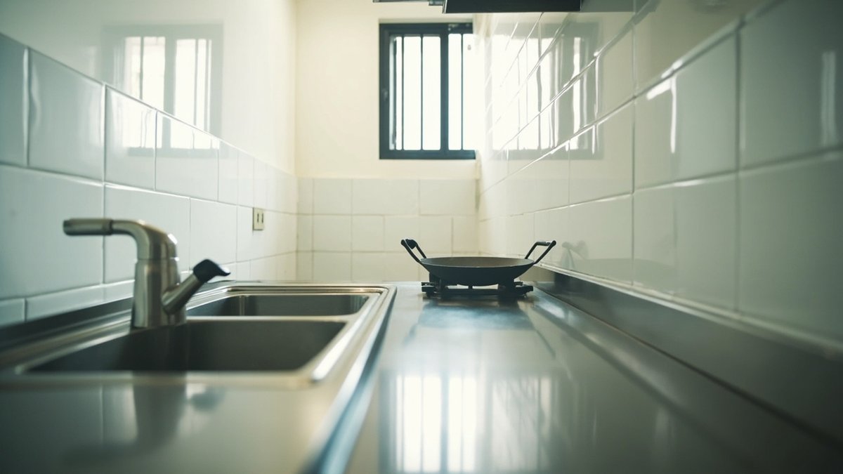 Brushed stainless steel wet-kitchen worktop with a welded-in sink beside a wok burner