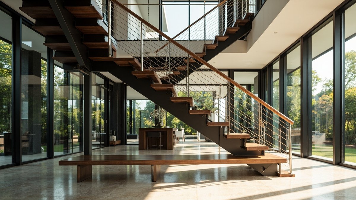Open-riser floating staircase with cable railing