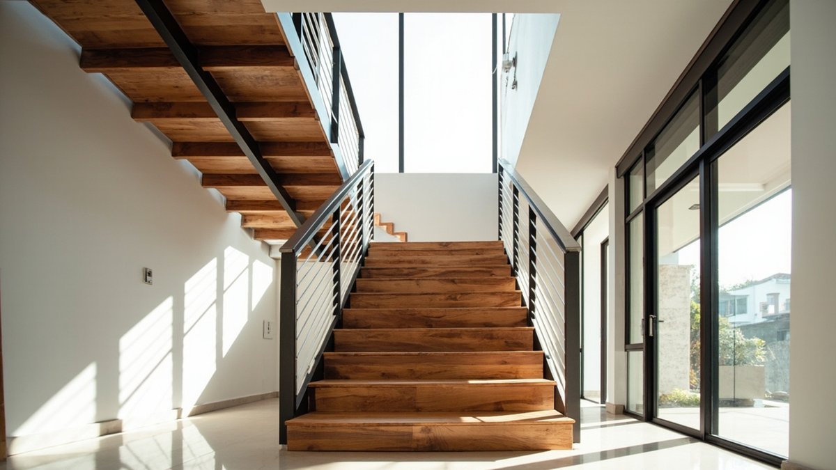 Steel-frame staircase with timber tread surfaces