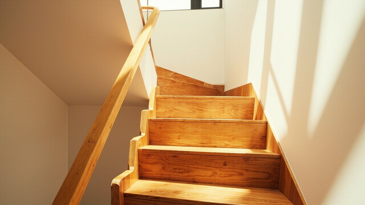 Timber straight staircase with wood treads and handrail