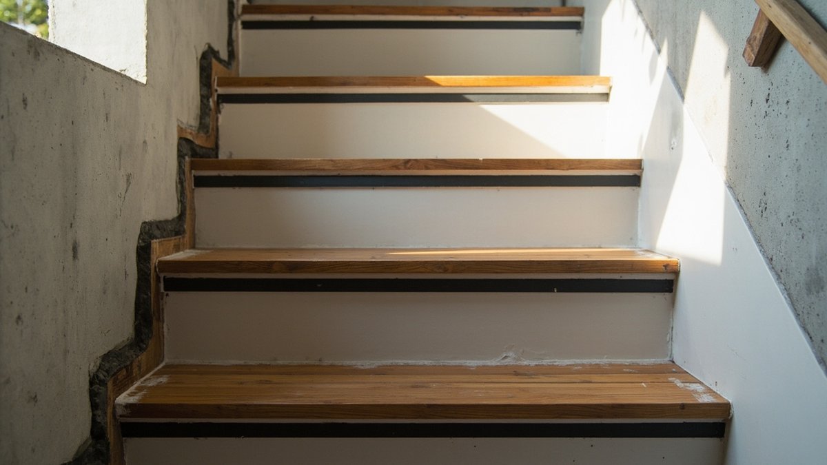 Staircase re-clad with timber treads and dark anti-slip nosing on each step edge