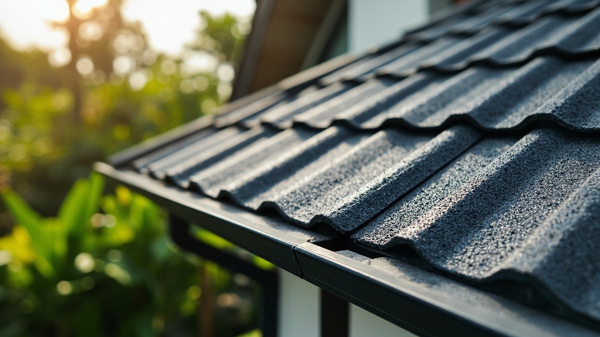 Bumbung genting metal stone coated kelabu gelap dengan permukaan bertekstur di rumah semi-D