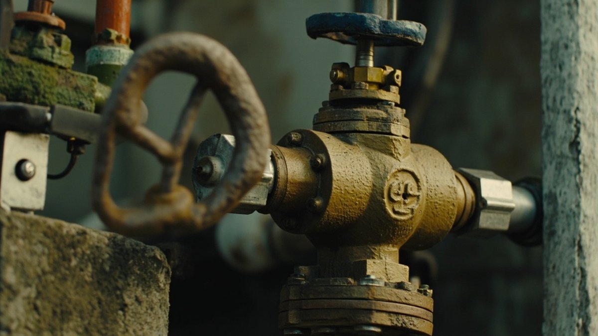 Rusty handwheel valve beside a brass valve body topped with a blue handwheel, on an old pipe run
