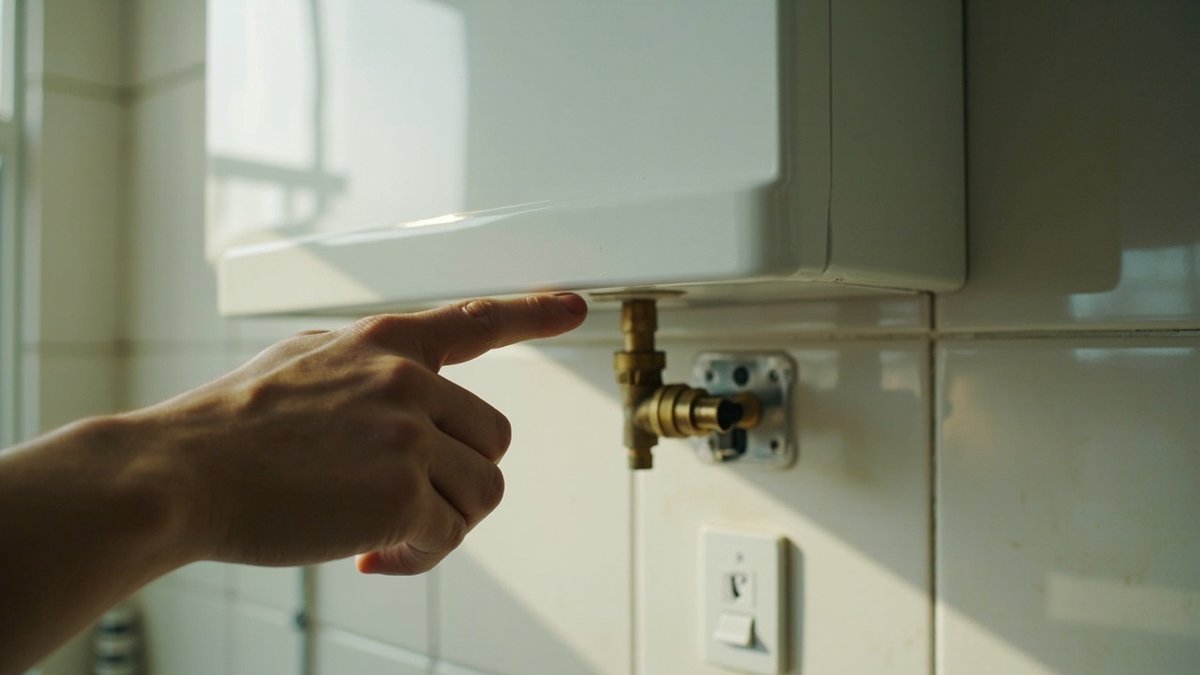 Storage water heater in a bathroom with its pressure relief valve and drain pipe
