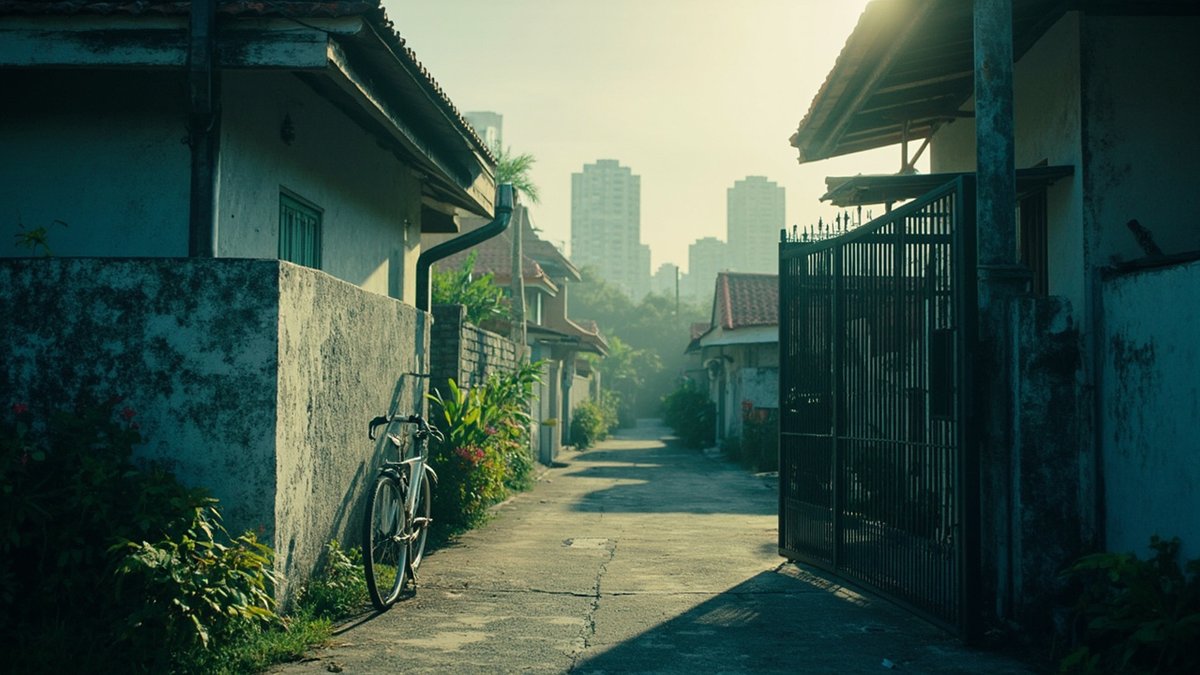有大门车道的排屋前景 远处朦胧的公寓高楼 比较分层地契与个人地契