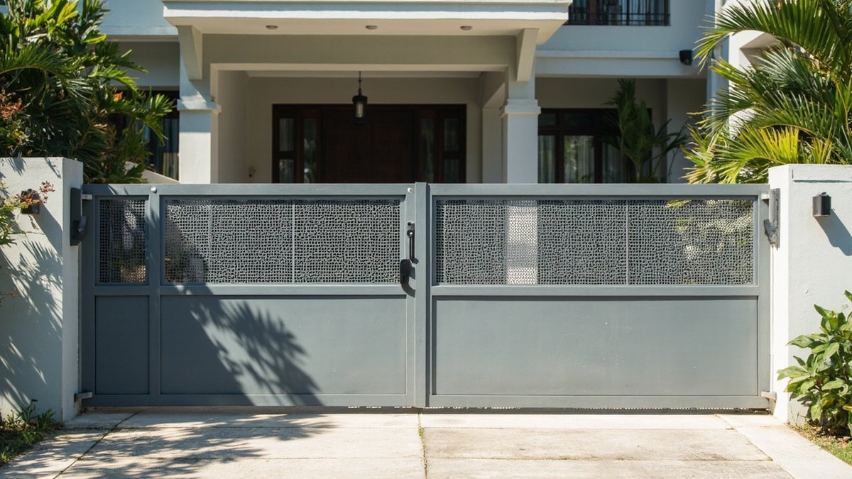Sliding gate with a steel plate closing the gap underneath and perforated sheet on the lower half