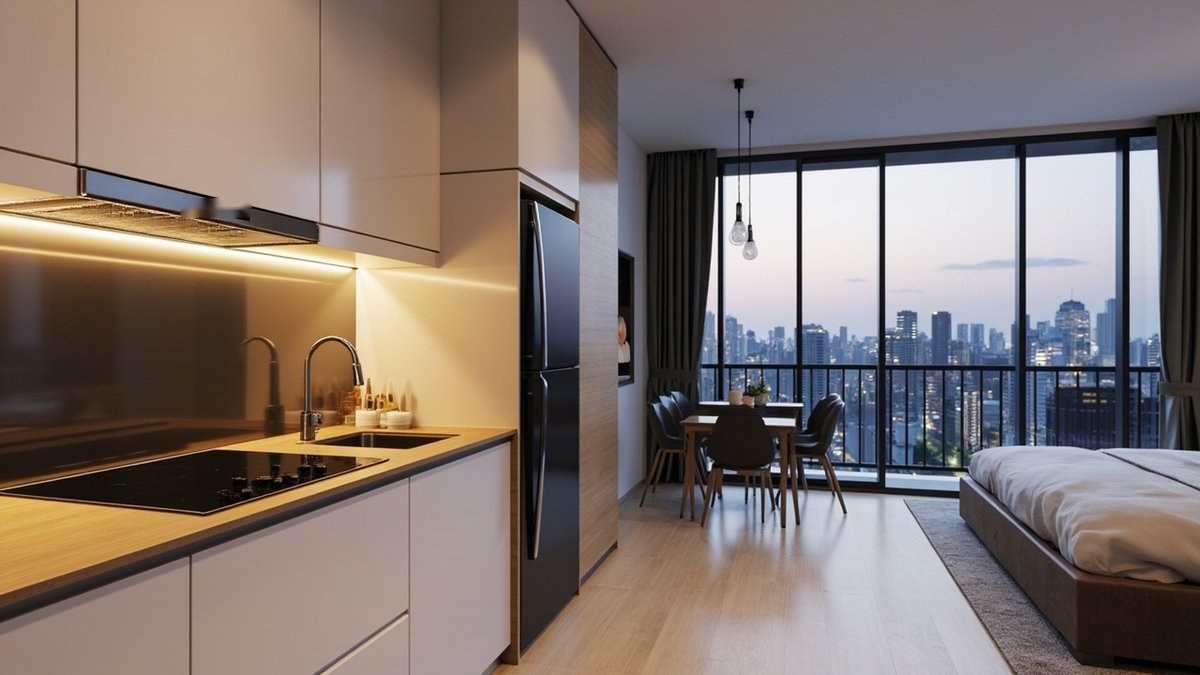 Illustrative concept design: one-wall studio kitchenette with white cabinets, an oak-look worktop, an induction hob and sink, a slim lit hood and the bed zone by city windows