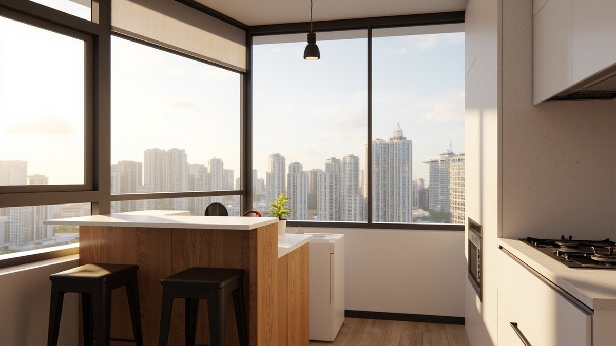 Illustrative concept design: timber-clad bar counter with a white top and two black stools by tall city windows