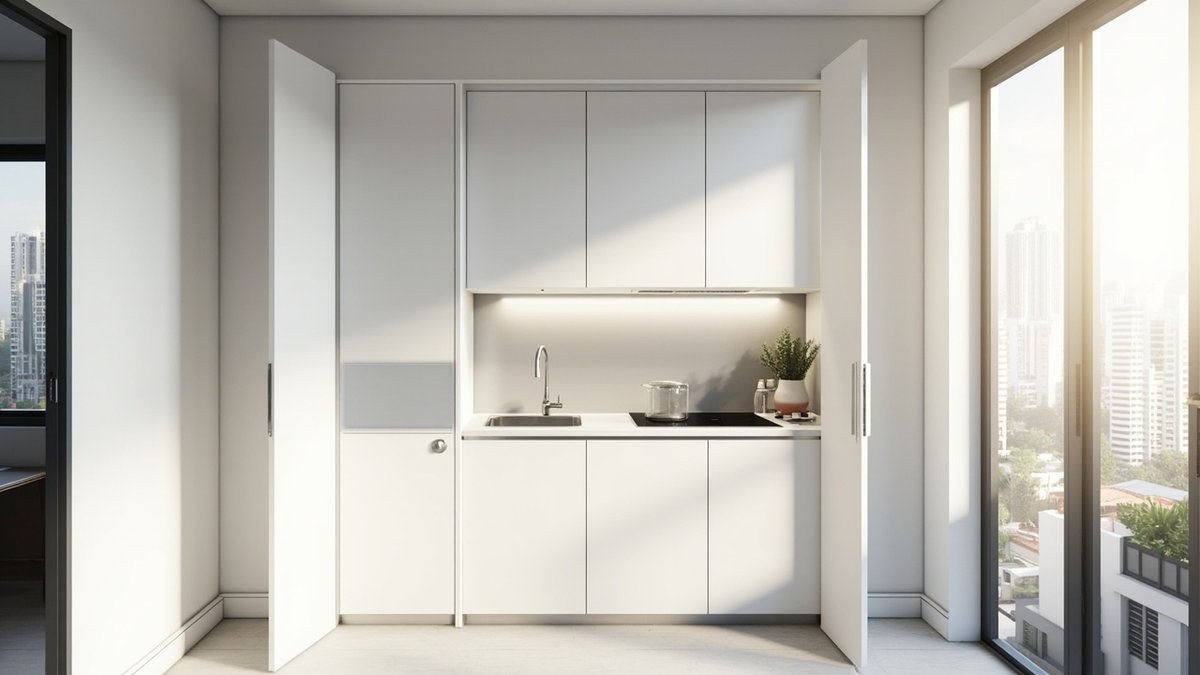 Illustrative concept design: white kitchenette with a sink and induction hob behind two full-height doors swung open