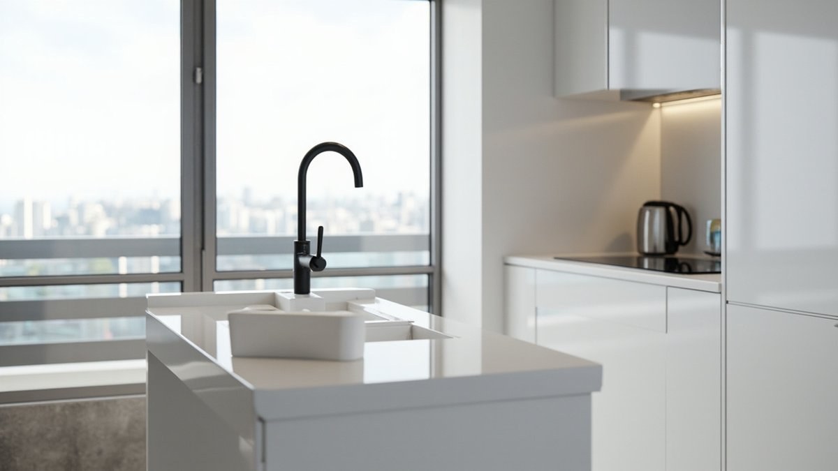 Illustrative concept design: white compact worktop with an integrated sink and a black tap