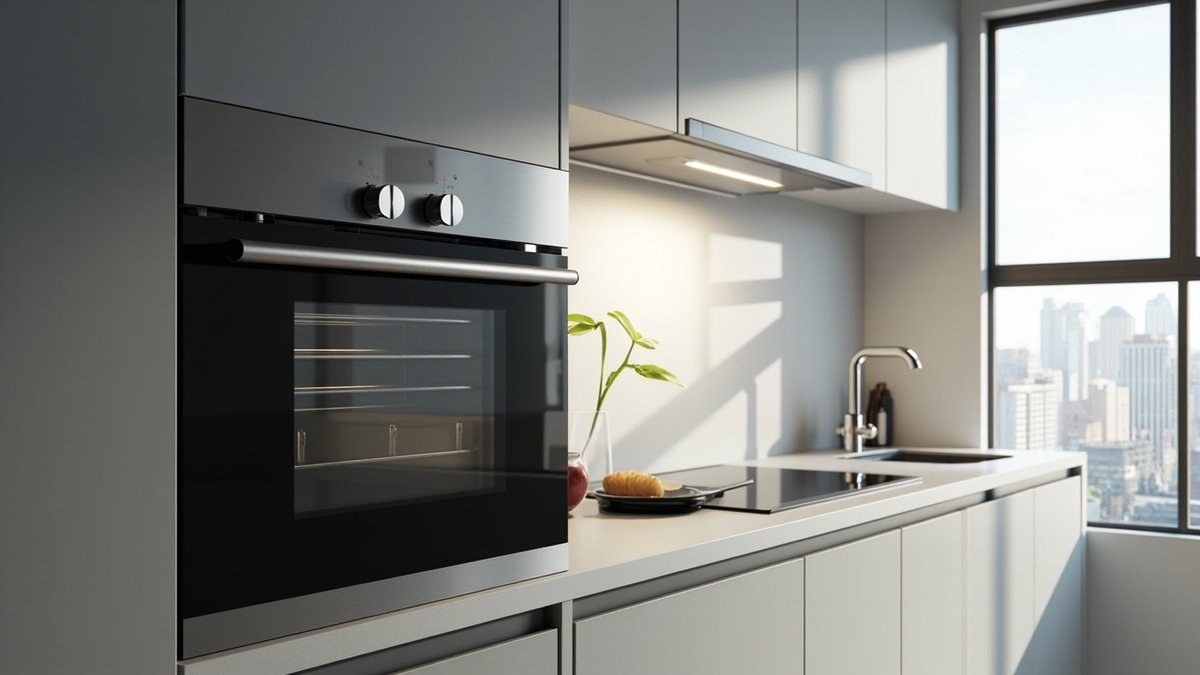 Illustrative concept design: built-in black oven in a grey tall unit beside an induction hob and sink